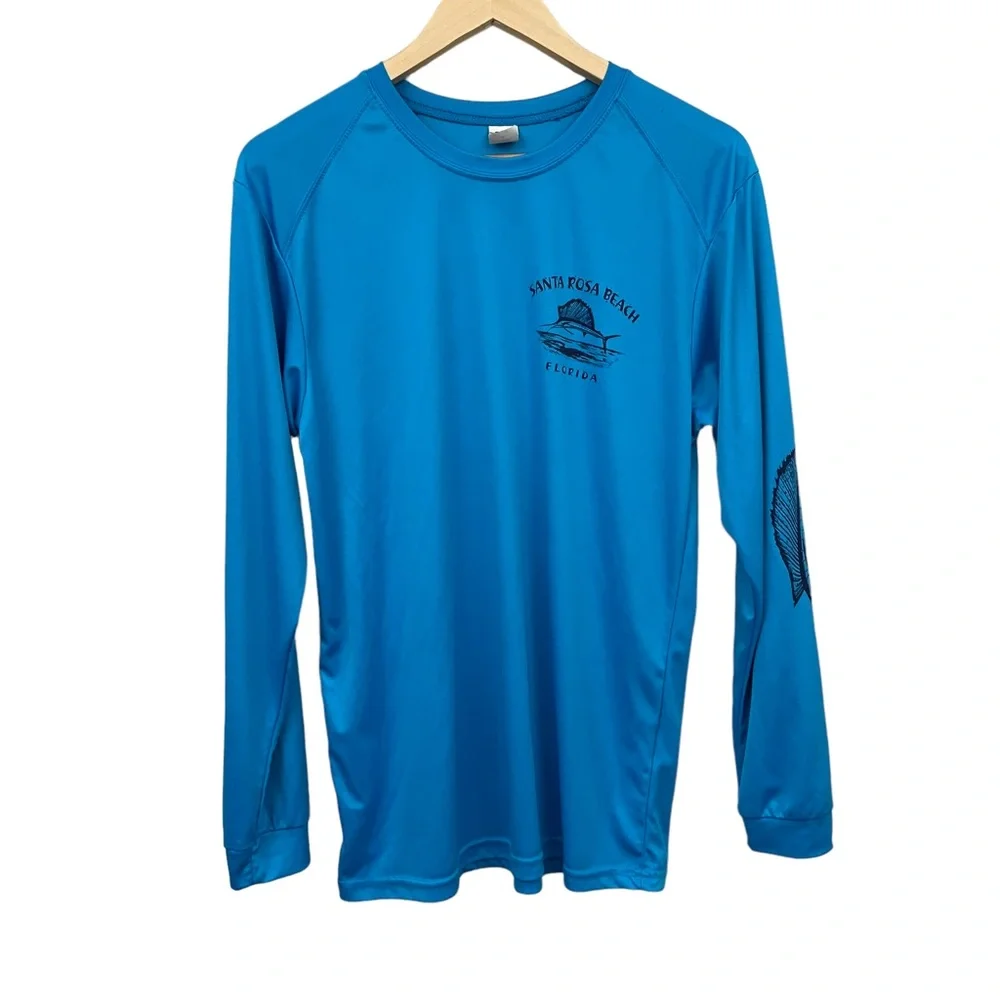 Mens sun shirt blue Marlin fishing shirt size M santa rosa beach florida long sl